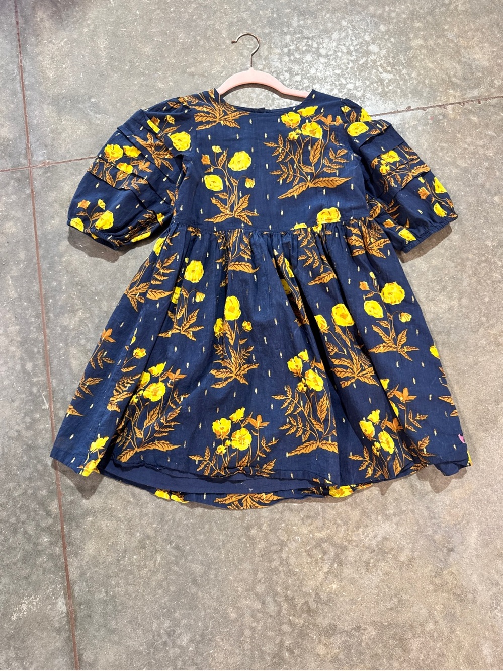 Pink Chicken Navy Floral Puff Sleeve Girls Dress Size 12 Gold Metallic Thread